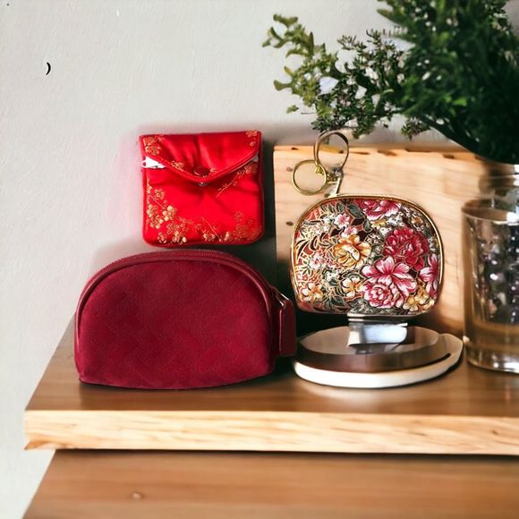 Talbots Handbags - Talbots 3 pc Red with zipper floral gold  Asian Coin Makeup Wallets small